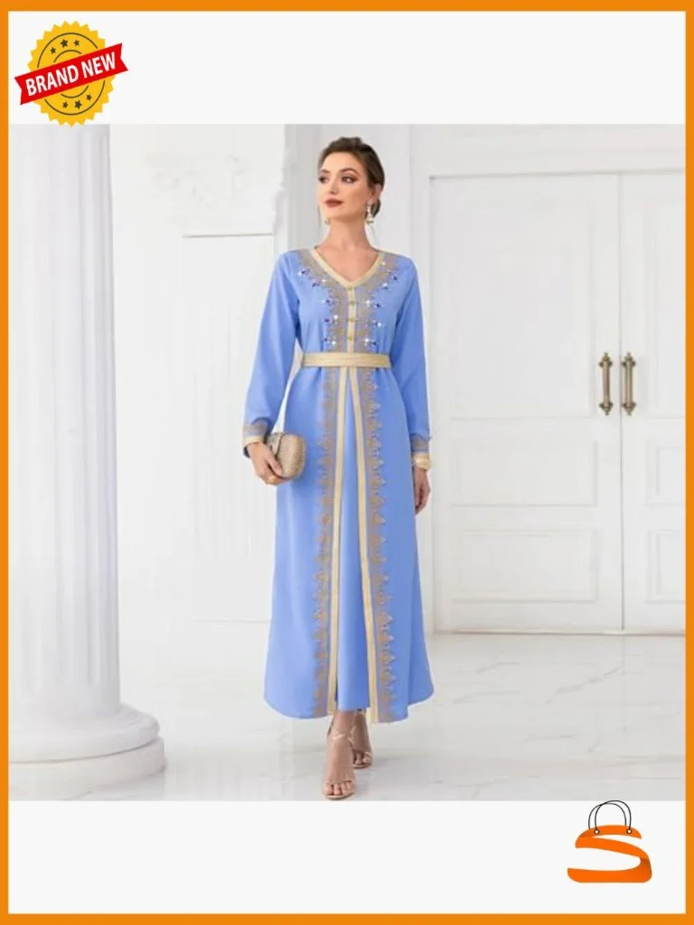 Lace Maxi Dress V-Neck Long Sleeve Kaftan Ankle Length Loose Fit Wedding Guest - Picture 5 of 6
